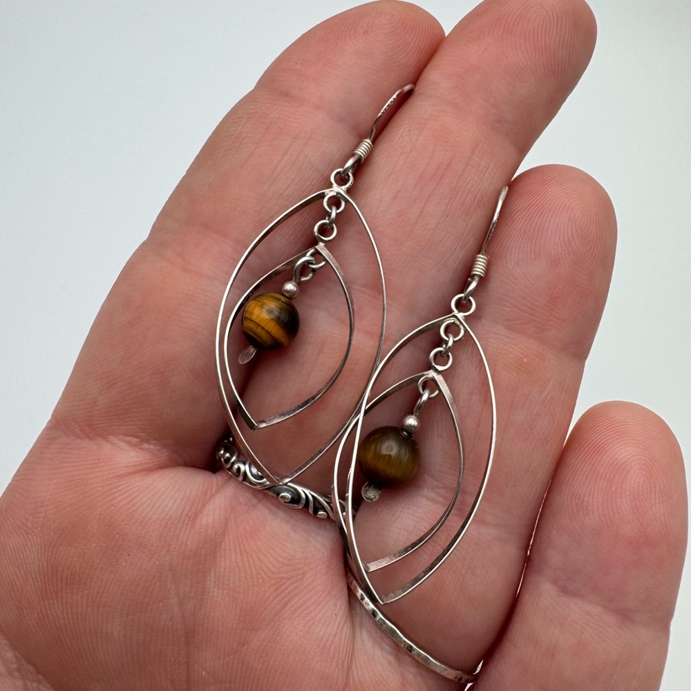 Sterling Silver 925 Tiger’s Eye Gemstone Dangle Earrings
